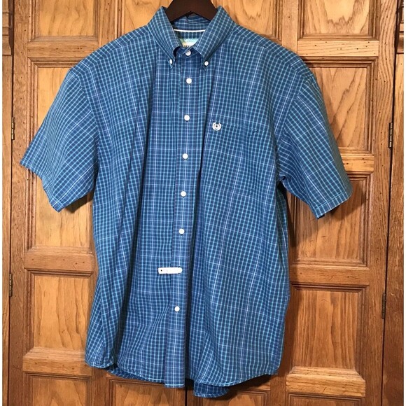Panhandle Rough Stock Shirt Mens L Blue Plaid SS 100% Cotton Button Down Pocket - Picture 1 of 12